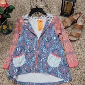 3080 Size child’s 12 Matilda Jane Zip Up Hooded Jacket in Pink and Blue Prints.